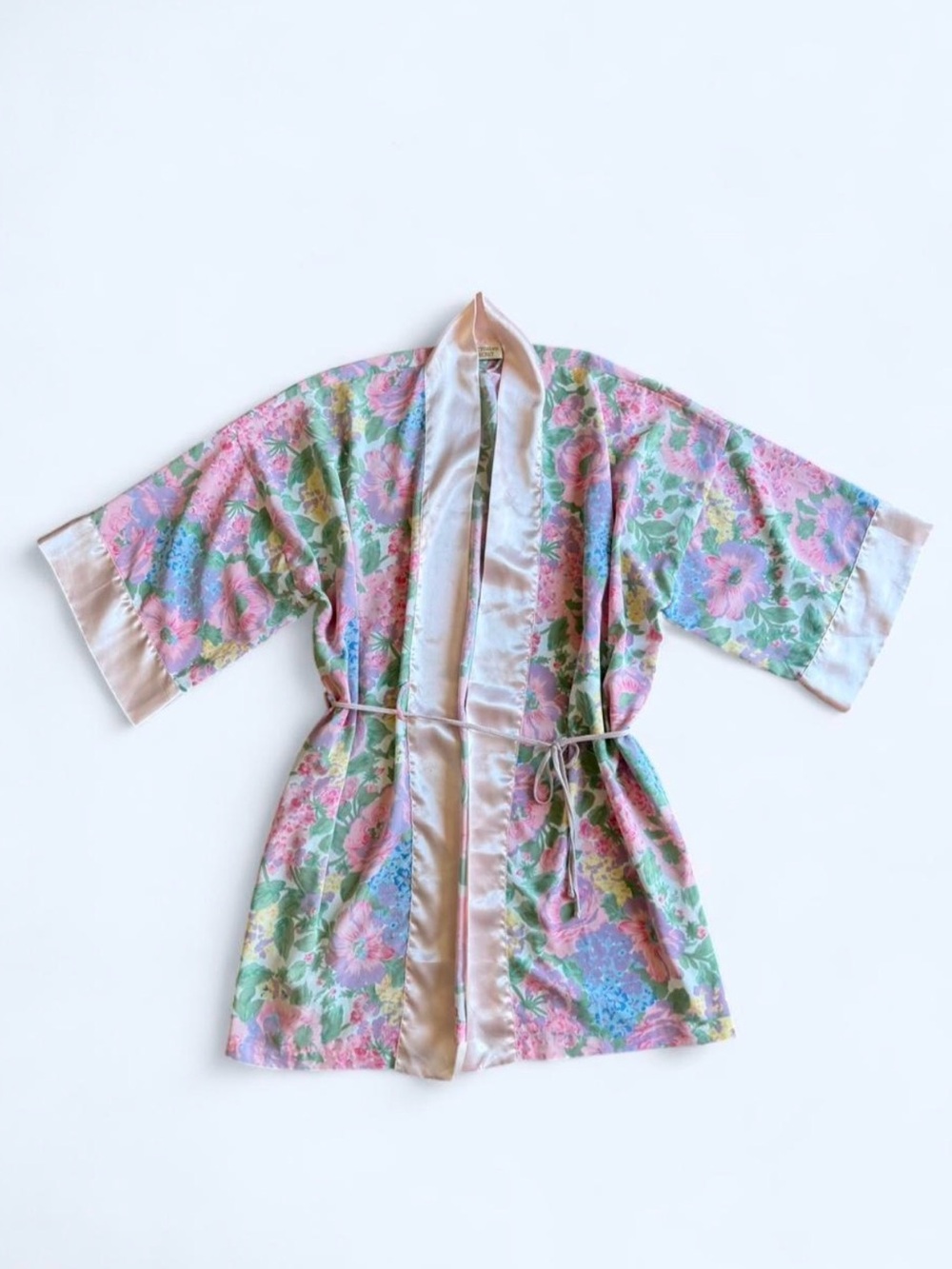 Vintage Victorias Secret Gold Label Pink Floral Satin Mini Robe One Size